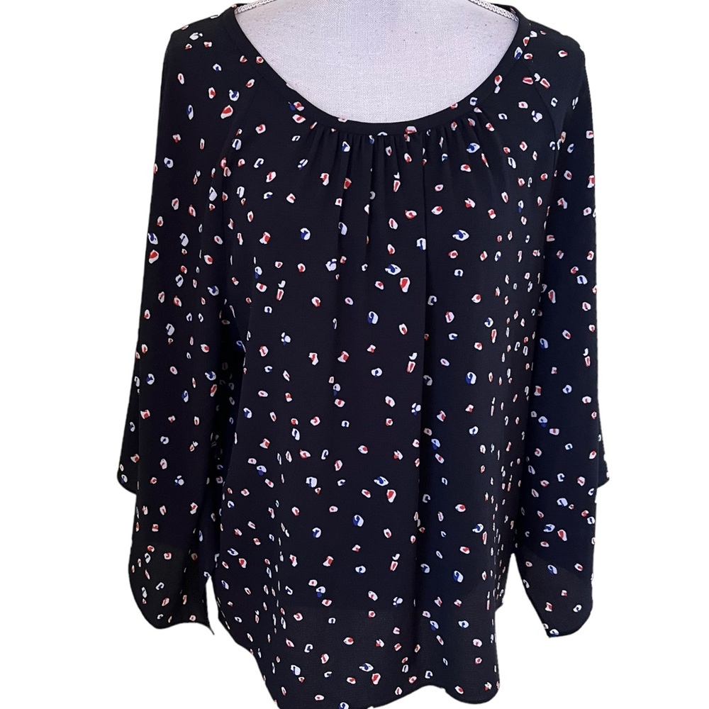 Vince Camuto Navy with Red and White Print Kimono Sleeve Blouse L